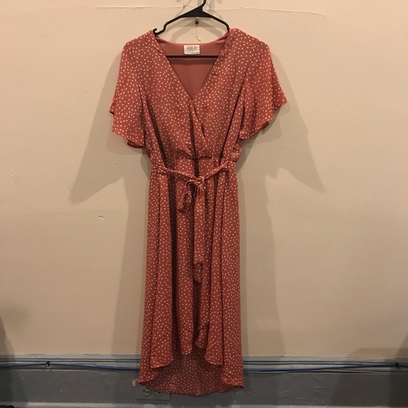 Pink polka dot wrap dress